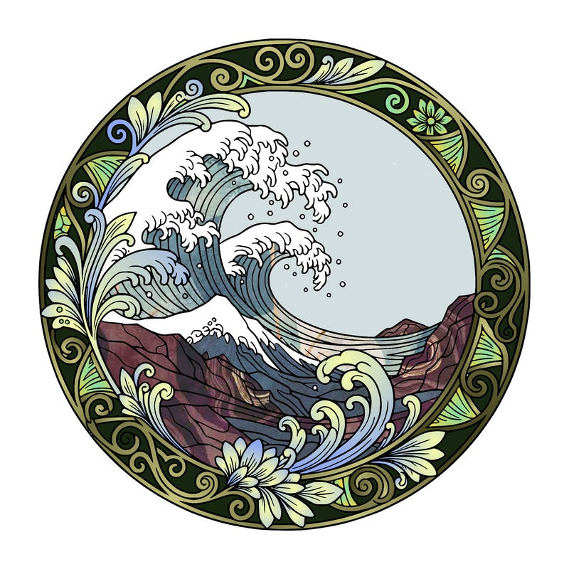 circular image, traditional japanese style, ocean with large waves crashing against the shore-line