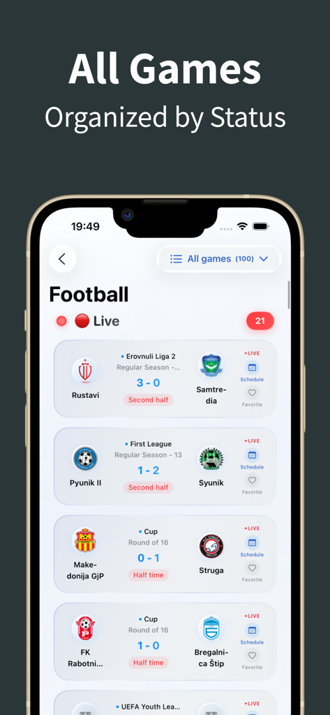 The Kuki - Football Live Score - Mobile app screenshot showing live football scores organized by status on The Kuki sports app