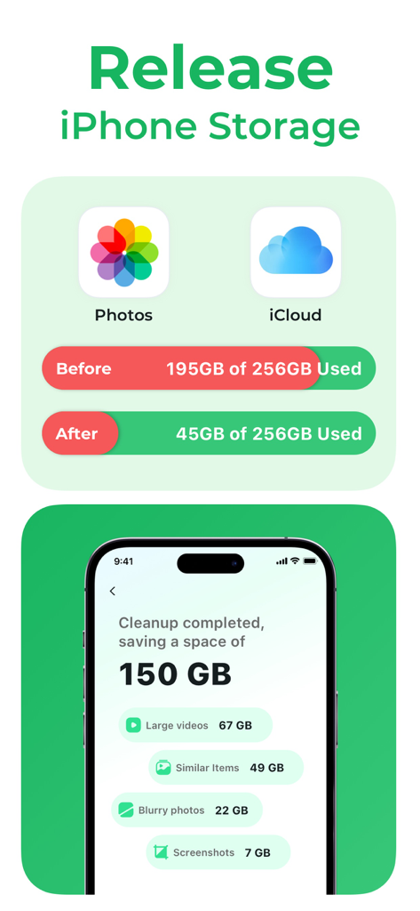Cleaner Master:Storage Cleanup - Cleaner Master app interface showing 150GB of storage saved on an iPhone by removing large videos and blurry photos.