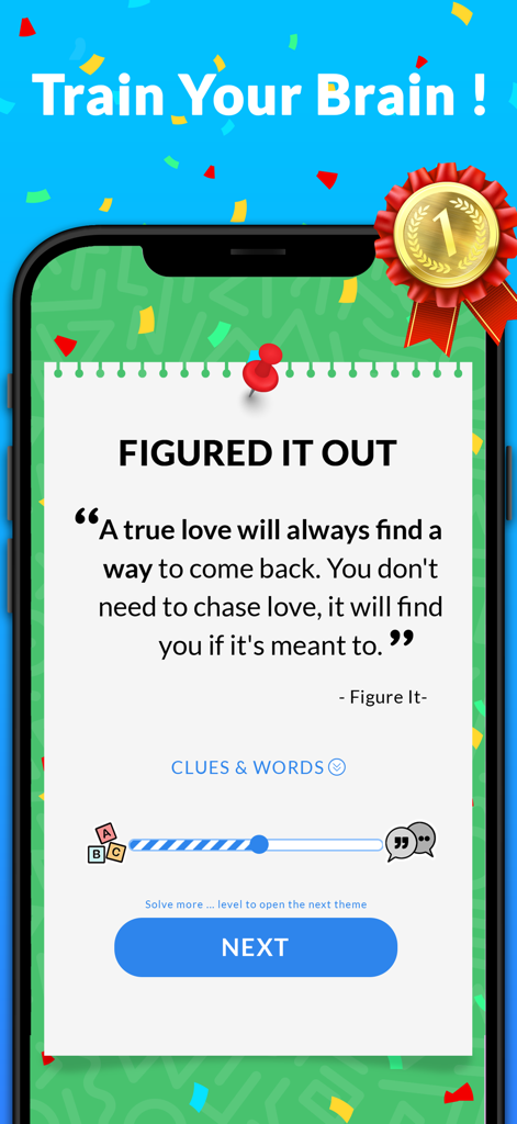 Figure it - Cryptogram Games - Uma tela de conclusão do Figure It Cryptogram Games mostrando uma citação inspiradora e o texto Treine Seu Cérebro