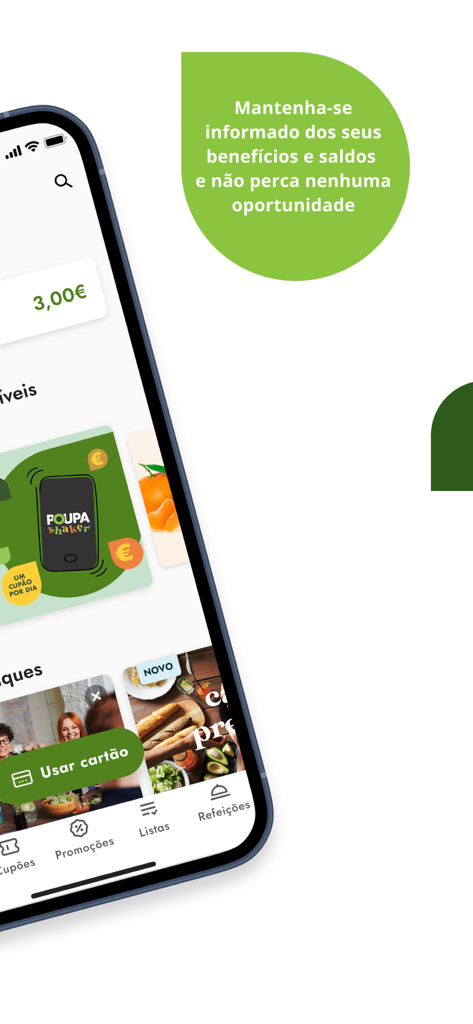 O Meu Pingo Doce - Pantalla de la app móvil O Meu Pingo Doce mostrando el saldo, cupones y funciones de la tarjeta de fidelización
