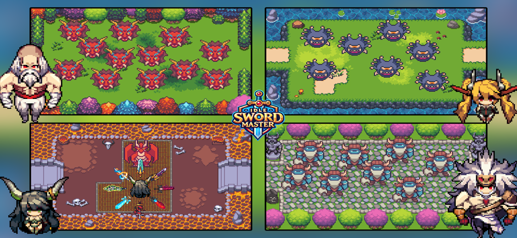 A collage showing four different pixel art environments and monsters from the game Idle Sword Master.