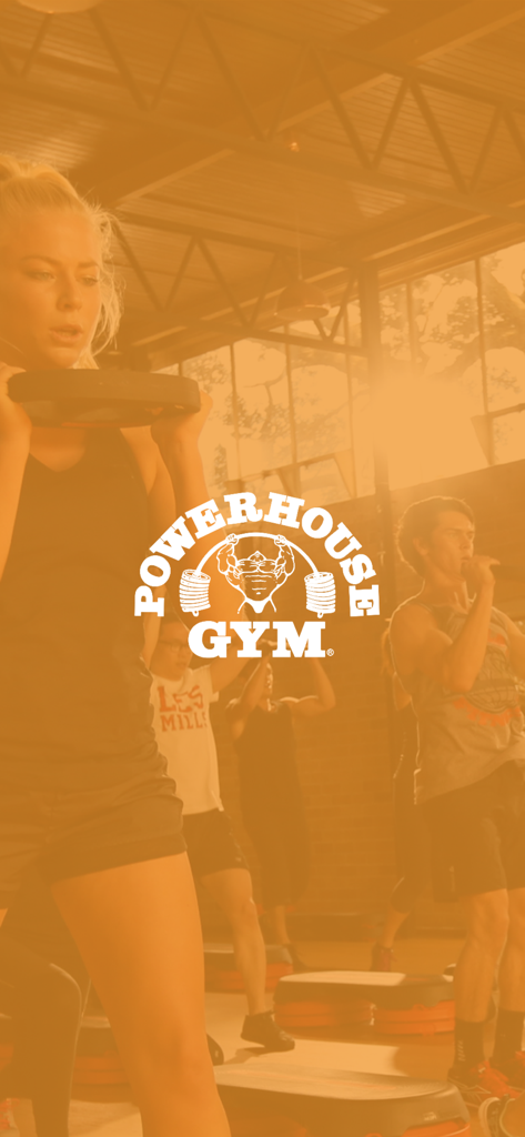 Powerhouse Gym. - Powerhouse Gym app splash screen showing the company logo over people exercising in a gym with an orange filter