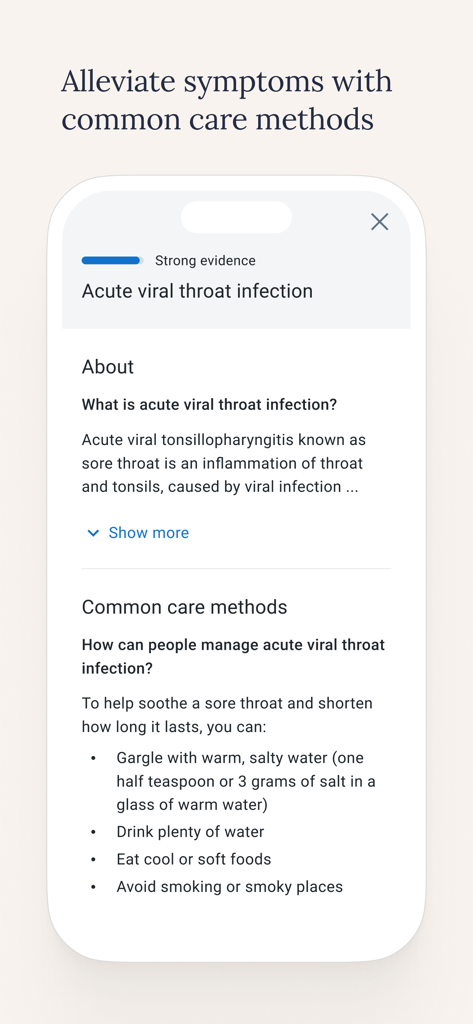 Pantalla de la aplicación Symptomate que muestra recomendaciones comunes de atención domiciliaria para una infección de garganta