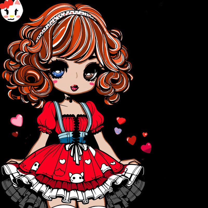 female with an hourglass waist,short fluffy and curly hair and sweet soft eyes with fluffy lashes, and a soft smile with lipstick,wearing a ruffled corset a cute short kawaii overall skirt with a hello kitty pattern and mismatch heart and stripe socks and doll platform shoes