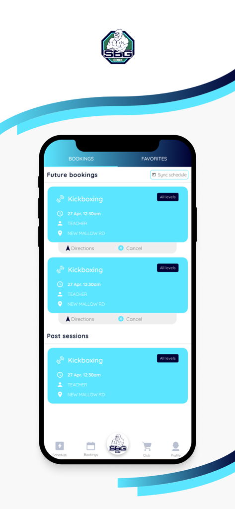 SBG Cork - Una pantalla de smartphone mostrando la página de reservas de la aplicación SBG Cork con clases de kickboxing programadas y sesiones de entrenamiento pasadas.