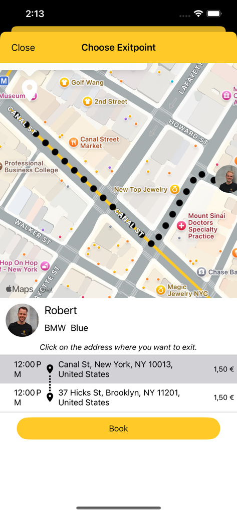RideBee - RideBee app interface for choosing a drop off location on a map during a carpool ride booking