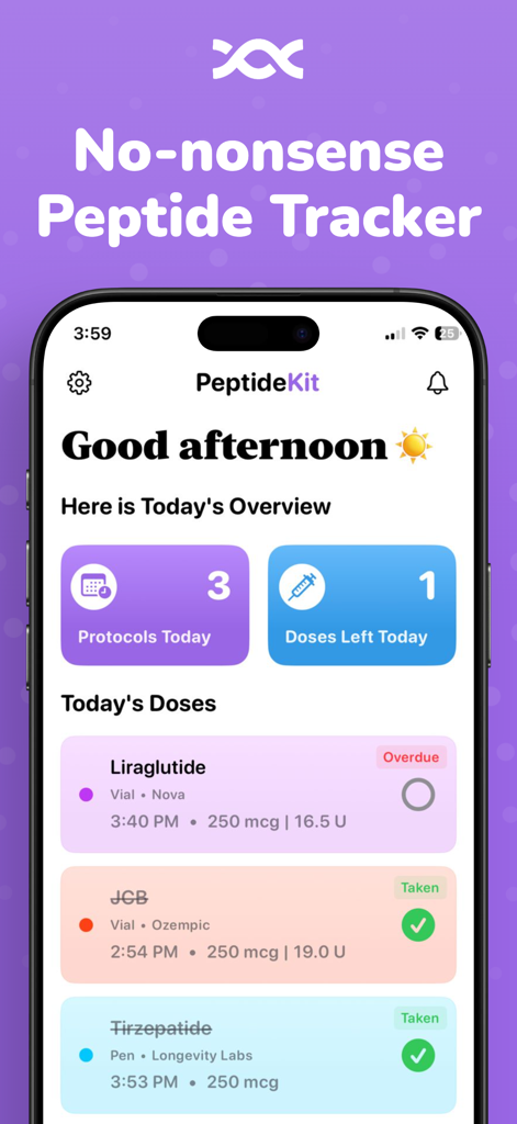 PeptideKit app home screen showing daily overview of peptide protocols and doses status