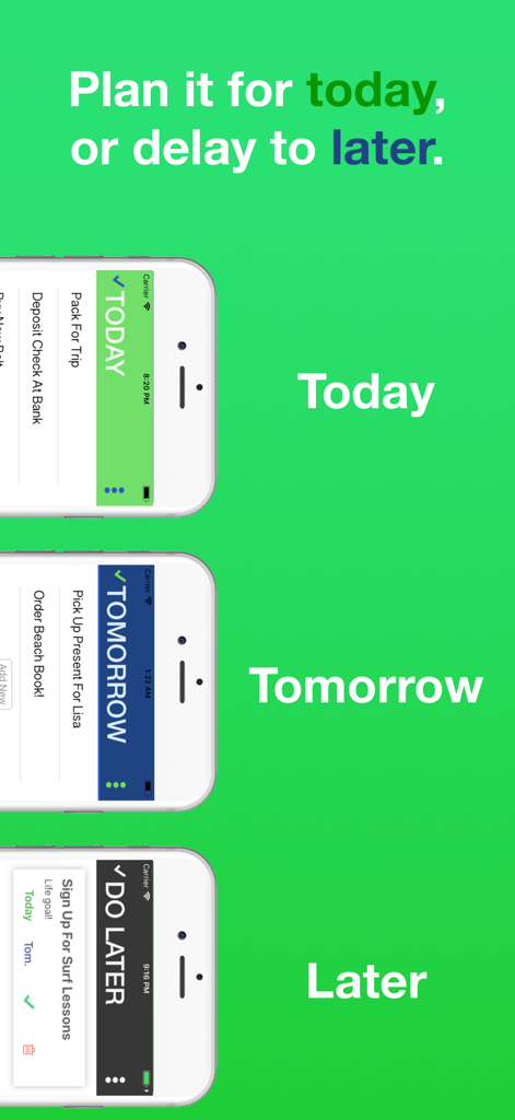 Do.List: To Do List Organizer - Interfaz de la aplicación Do.List mostrando cómo las tareas se organizan en listas de Hoy, Mañana y Después.