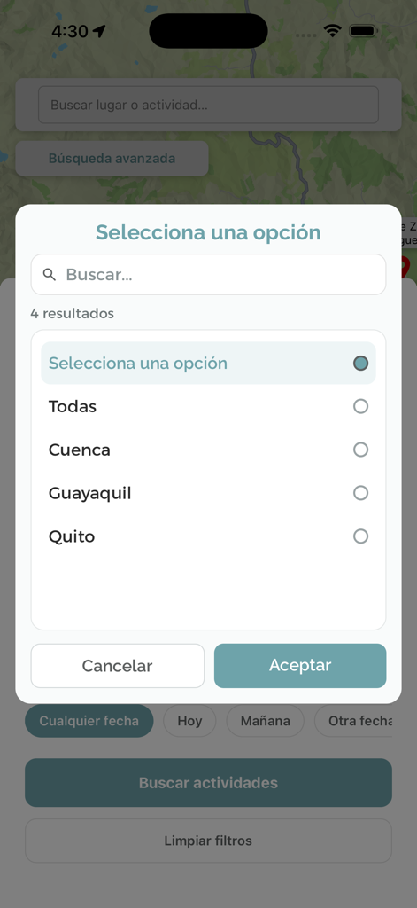 Mobile app screen showing a city selection menu for wellness services in Ecuador