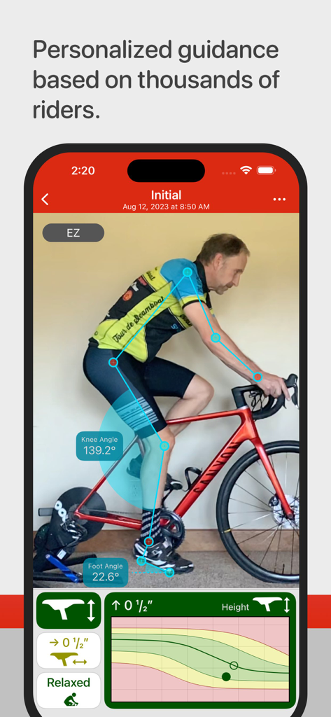 Personalized bike fit guidance with knee angle analysis on a road cyclist.
