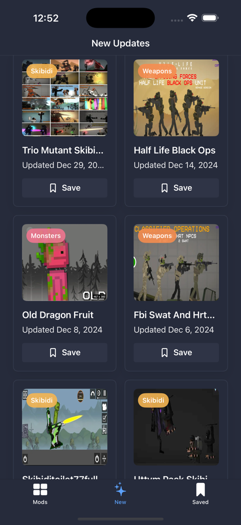 Mods for Melon Playground!! - A mobile interface showing new mod updates for Melon Playground including Skibidi characters and military weapon packs