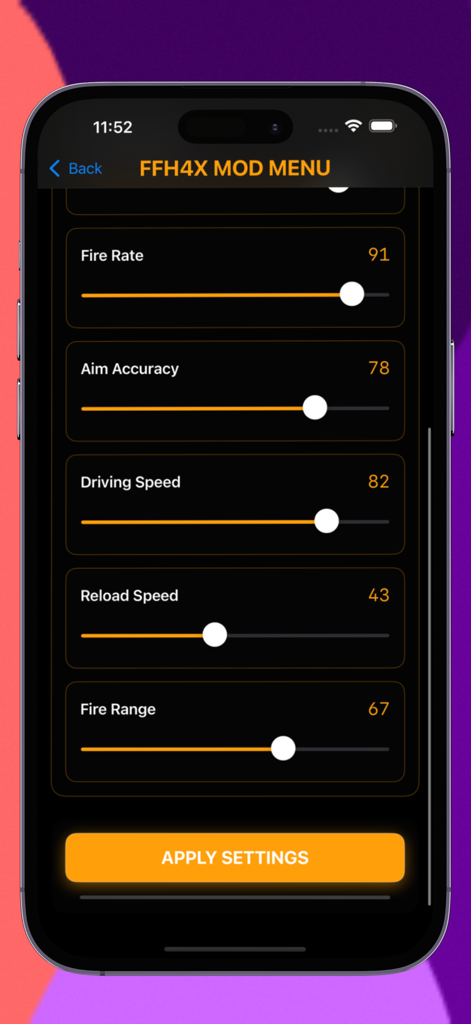 Regedit ffh4x vip mod menu - Mobile app interface showing sliders for fire rate, aim accuracy, and driving speed settings.