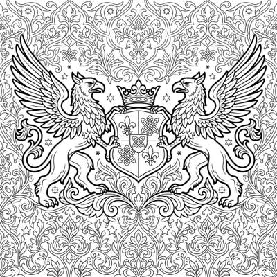 Discover the grandeur of heraldry with this intricate coloring page featuring two regal griffins flanking a royal crest. Immerse yourself in a world of mythical beasts and detailed patterns, perfect for a relaxing creative escape.