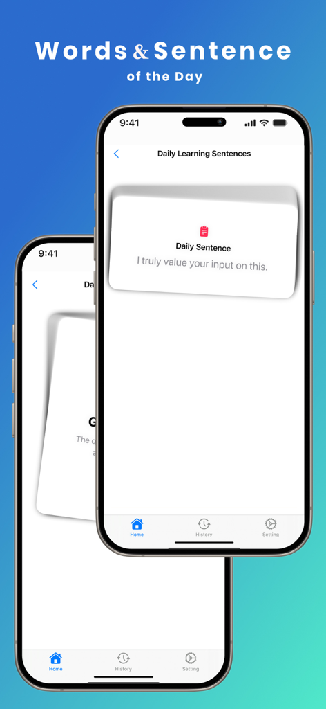 Hi Dictionary - Translate - A mobile screen showing the daily learning sentences feature of the Hi Dictionary Translate app