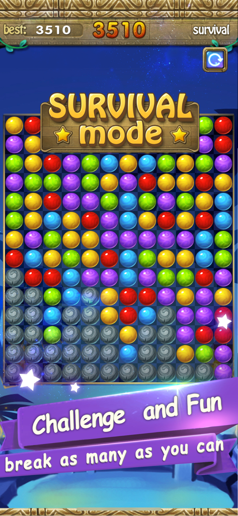 Bubble Breaker mobile game screenshot showing survival mode with a grid of colorful bubbles