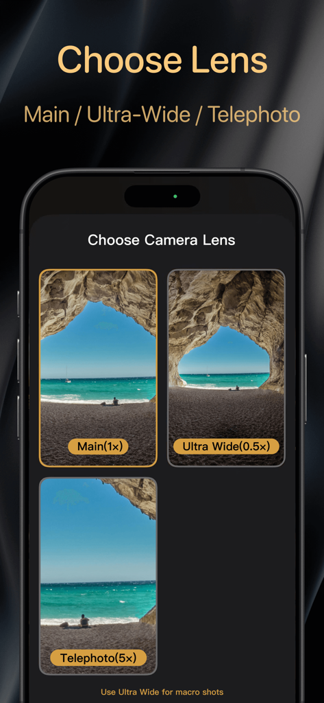 Interfaz de la app 2Camera mostrando opciones de lentes para el ultra gran angular principal y el teleobjetivo