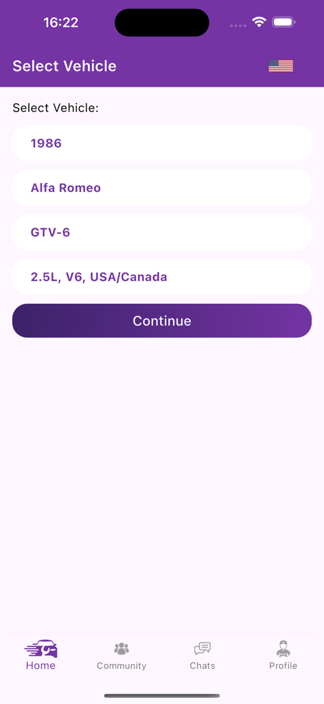 DOCFIX - Auto Repair Guide - Oberfläche der DOCFIX-App, die den Auswahlbildschirm für einen Alfa Romeo GTV-6 von 1986 anzeigt
