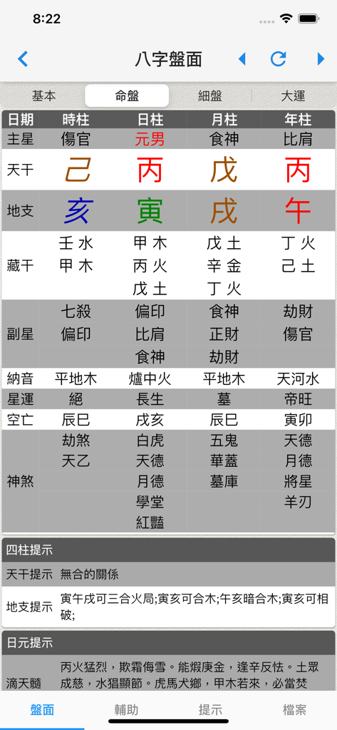 论子平-论八字(专业四柱排盘系统) - Mobile app interface displaying a professional Ba Zi astrology chart with Chinese characters