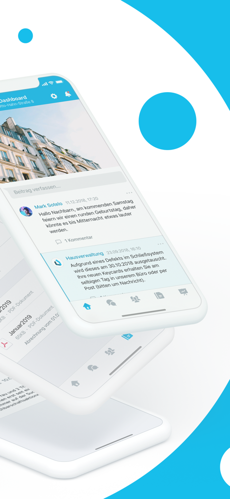 Pantallas de smartphone que muestran la interfaz de la aplicación HOMECASE para la comunicación con los residentes y las actualizaciones de administración de la propiedad