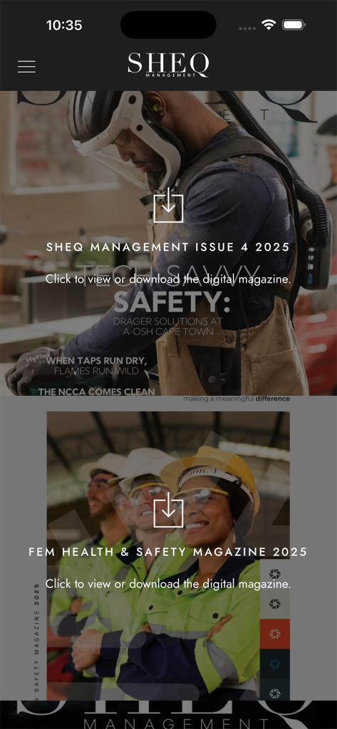 Interface de seleção de edições de revistas digitais do aplicativo Sheq Mag para gerenciamento de segurança e saúde.