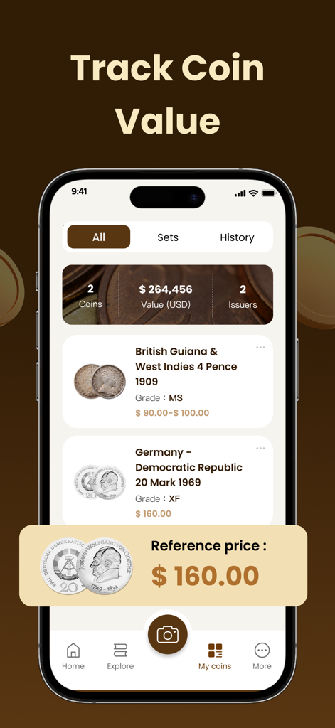 CoinSense: Coin Identifier - Interface do aplicativo CoinSense mostrando uma coleção de moedas digital com valores de mercado estimados e recursos de rastreamento de portfólio