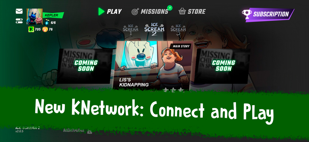 Menú principal de Ice Scream 2 destacando el nuevo centro de la Red Keplerians y las misiones de la historia principal.