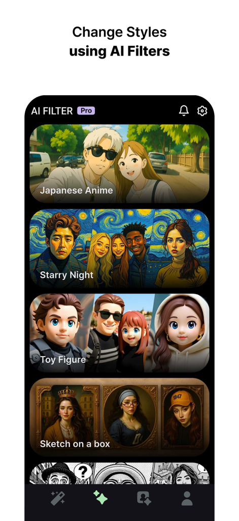 MeeAww - AI Photo Editor - MeeAww app interface showing different AI styles and filters like Japanese Anime and Starry Night for photo transformation.