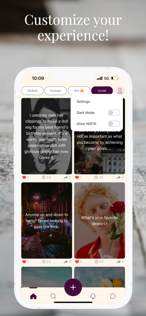 Hush – Express Freely - A mobile screen showing the Hush app feed with a customization settings menu.