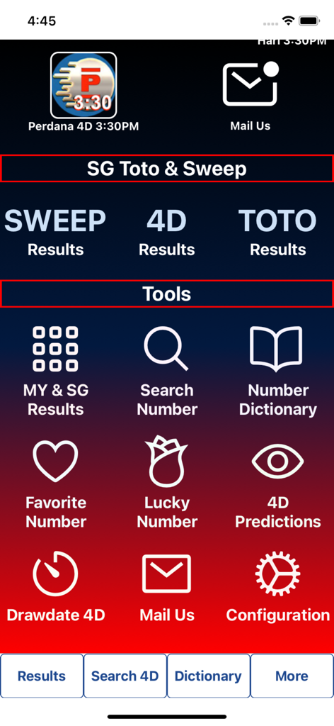 Live 4D Results Toto 4D - 숫자 사전 및 4D 예측과 같은 복권 기능을 보여주는 라이브 4D 결과 토토 4D 앱 도구 메뉴.