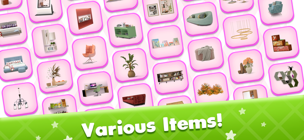 Una griglia che mostra vari mobili e oggetti decorativi disponibili nell'app House Designer