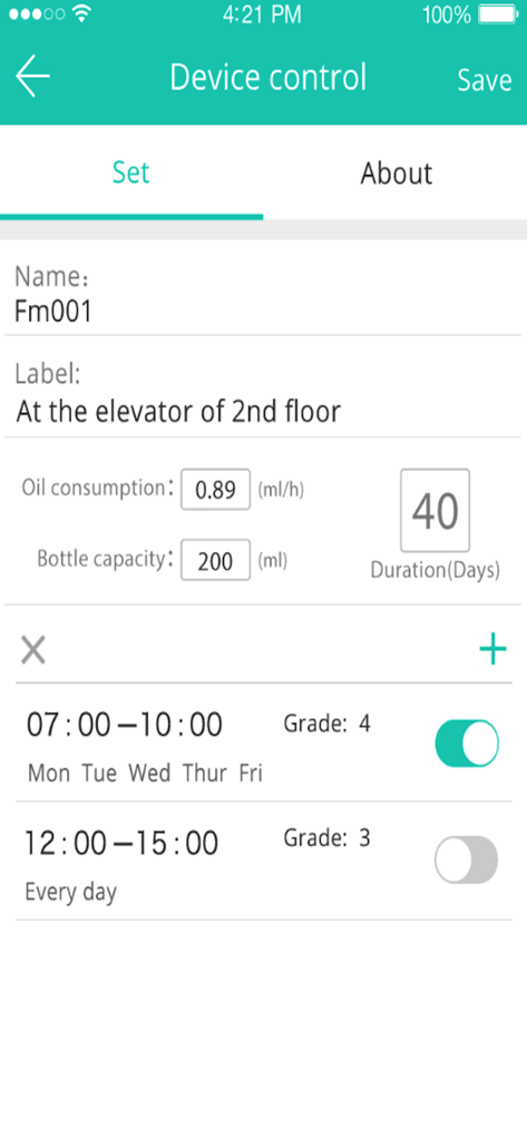 Scent Marketing - Scent Marketing app interface showing device control settings for scheduling and oil consumption