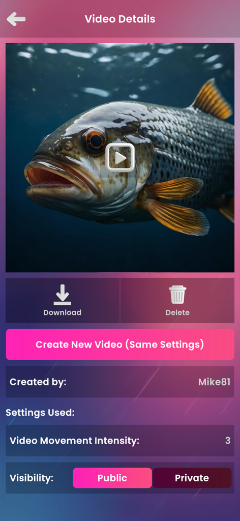 The video details screen in the Pablo-ai app displaying an AI-generated fish video with movement intensity settings and download options.