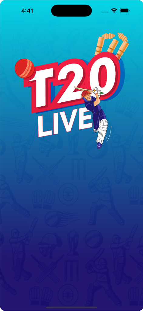 Pantalla de inicio de la aplicación de críquet en vivo T20 que presenta a un bateador golpeando una pelota y wickets volando