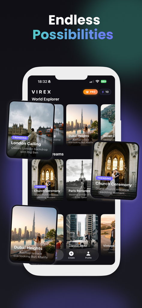 Interface of the Virex AI Car Editor app showcasing the World Explorer feature with various luxury lifestyle and travel photo templates.