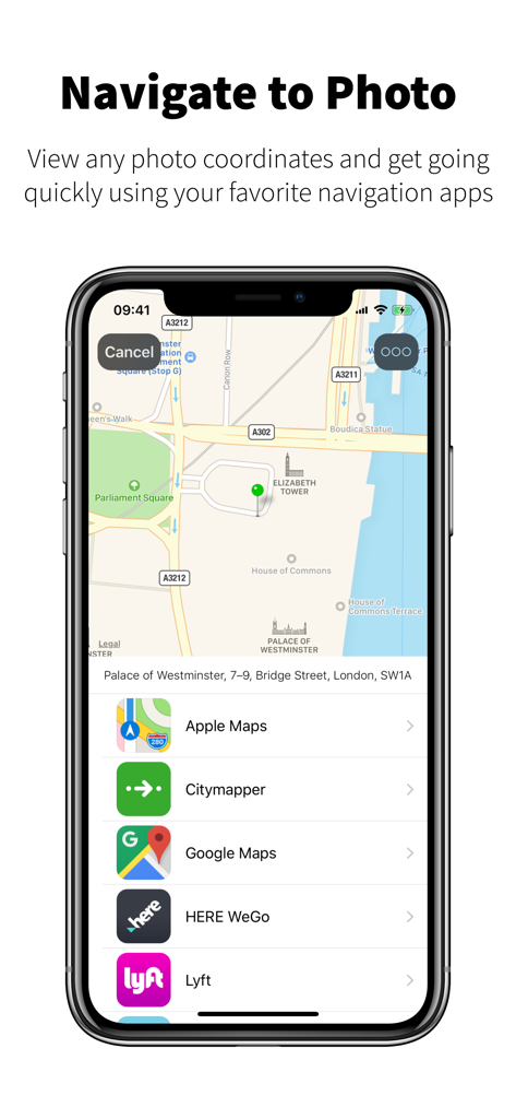 Pantalla de smartphone que muestra la aplicación Navegar a la Foto con un mapa y una lista de opciones de navegación como Google Maps y Apple Maps