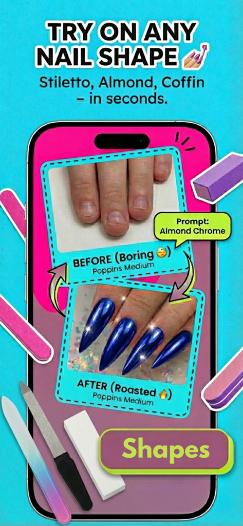 Before and after comparison of a virtual nail try on with blue chrome stiletto shapes