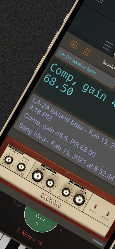 Session Notes AU - Session Notes AU mostrando ajustes de compresión e ideas de canciones dentro de una aplicación de producción musical