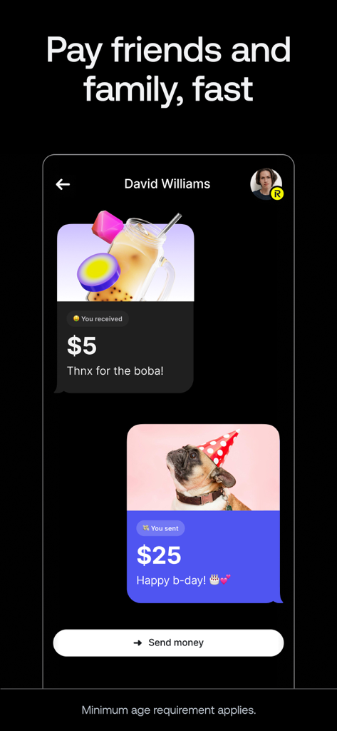 Interfaz de la aplicación Revolut para finanzas de adolescentes que muestra transferencias de dinero peer-to-peer para boba y cumpleaños