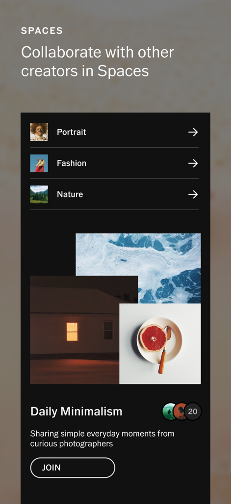 Interface de l'application VSCO présentant la fonctionnalité Espaces pour la collaboration créative entre photographes.