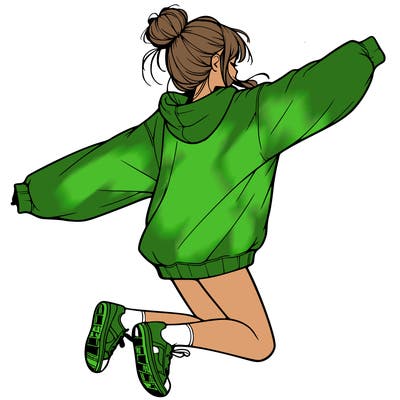 realistic girl jumping with a bun and oversized sweatshirt