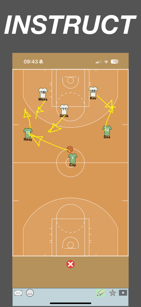 Terrain de basket-ball indiquant les positions des joueurs et les flèches de déplacement tactique.