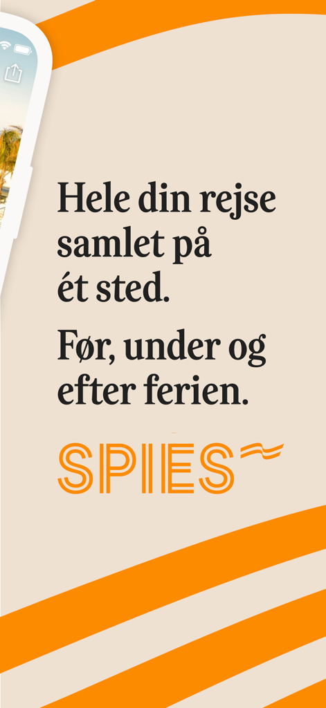 Spies – rejser, fly & hoteller - Introductory screen for the Spies travel app featuring Danish text about managing your entire vacation in one place.