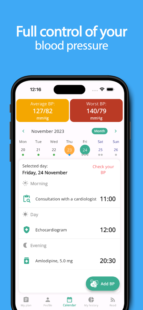 MyBP - Blood Pressure App - El panel de la aplicación MyBP mostrando promedios de presión arterial y un horario diario con citas médicas y recordatorios de medicación