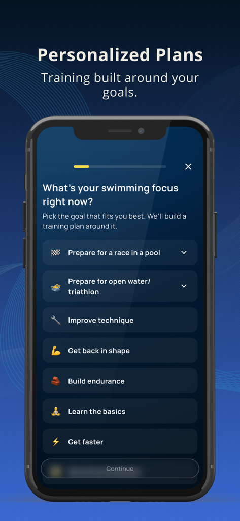 Swim Success: Swim Workout App - Swim Success app interface showing a list of swimming goals for personalized training plans