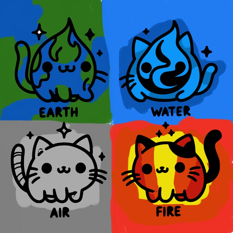 4 cats that represent the different elements, earth, water, air, and fire