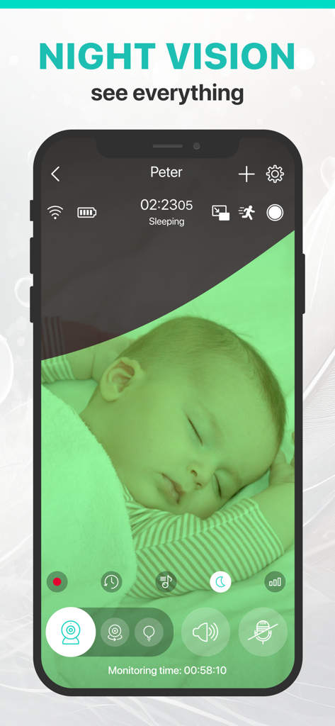 Interfaccia dell'app Annie Baby Monitor che mostra un bambino che dorme con modalità visione notturna verde attiva.