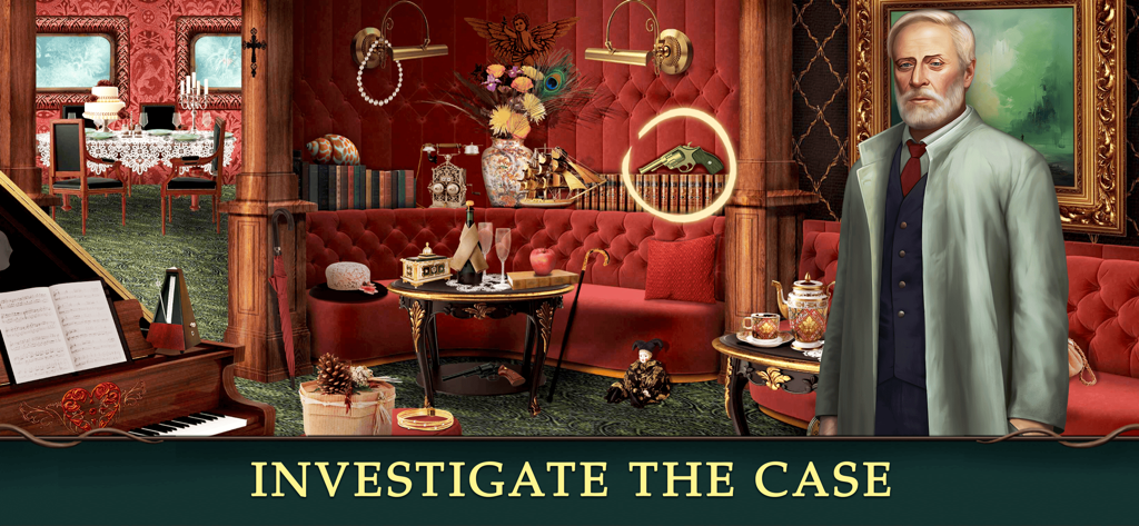 Un détective dans un salon d'hôtel en velours rouge cherchant un indice de revolver caché