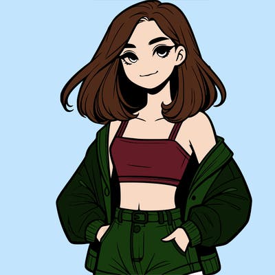 a realistic girl with a crop top and short shorts in an open jacket