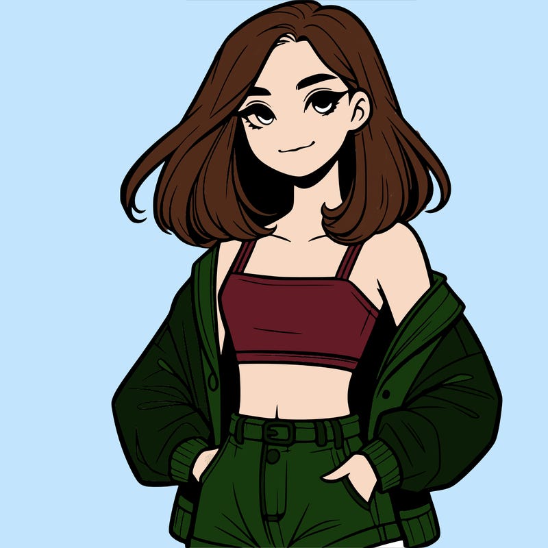 a realistic girl with a crop top and short shorts in an open jacket